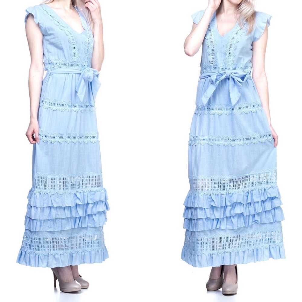 Summer sky-blue maxi sun dress ruffles lace belted